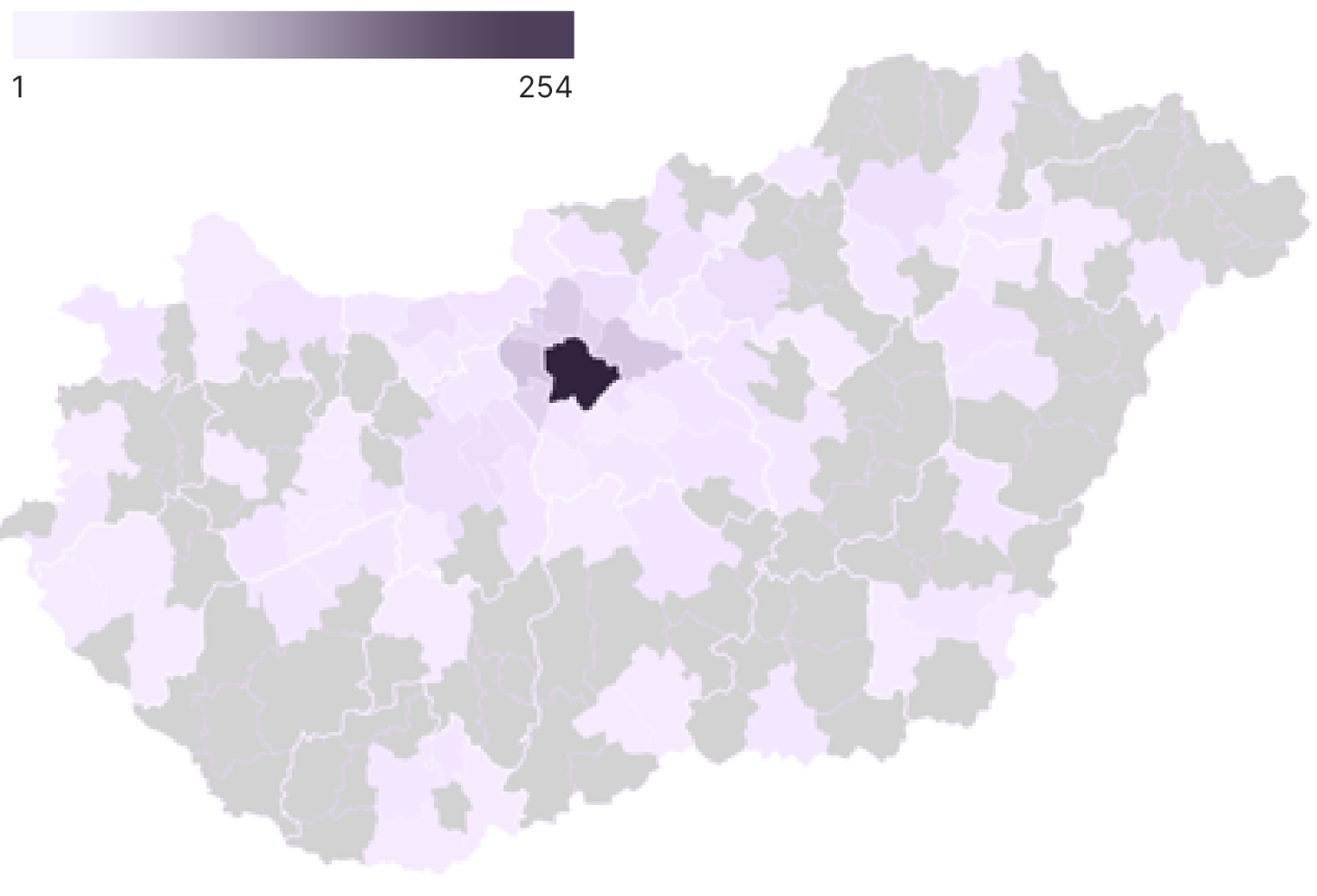 Magyarország járásonkénti térképe: a kézműves képzések résztvevőszáma (1–254 fő, lila skálával). Budapest (Belváros-Lipótváros) sötét tónussal kiemelve mint legtöbb résztvevőt küldő járás.