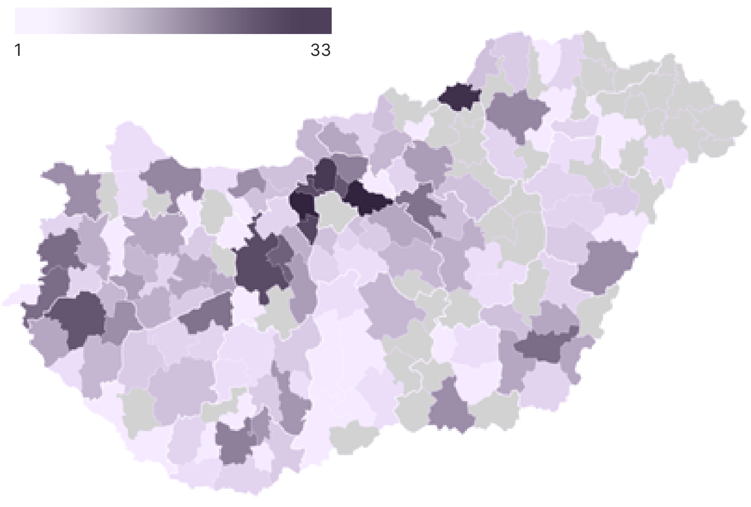 Magyarország járásonkénti térképe Budapest nélkül: a vidéki járások 1–33 fős résztvevőszáma. Néhány nagyobb járás (Pest, Komárom-Esztergom, Békés, Heves térsége) sötétebb tónussal kiemelve.