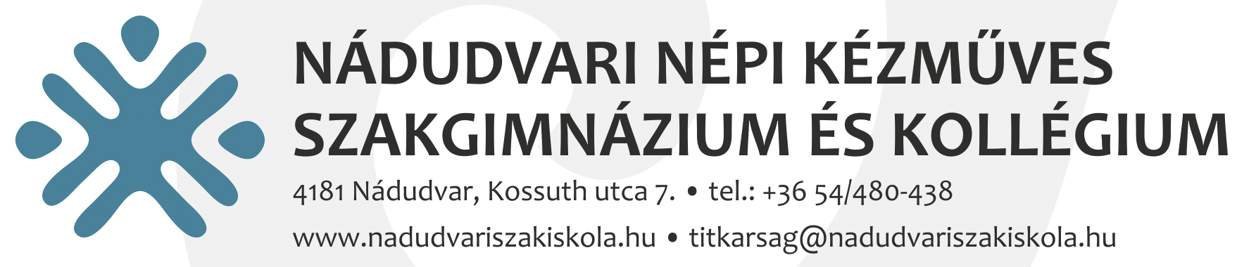Vízszintes fejléc-logó: kék figura, mellette az iskola neve (Nádudvari Népi Kézműves Szakgimnázium és Kollégium) és elérhetőségei: 4181 Nádudvar, Kossuth utca 7.; tel.: +36 54/480-438; www.nadudvariszakiskola.hu; titkarsag@nadudvariszakiskola.hu.