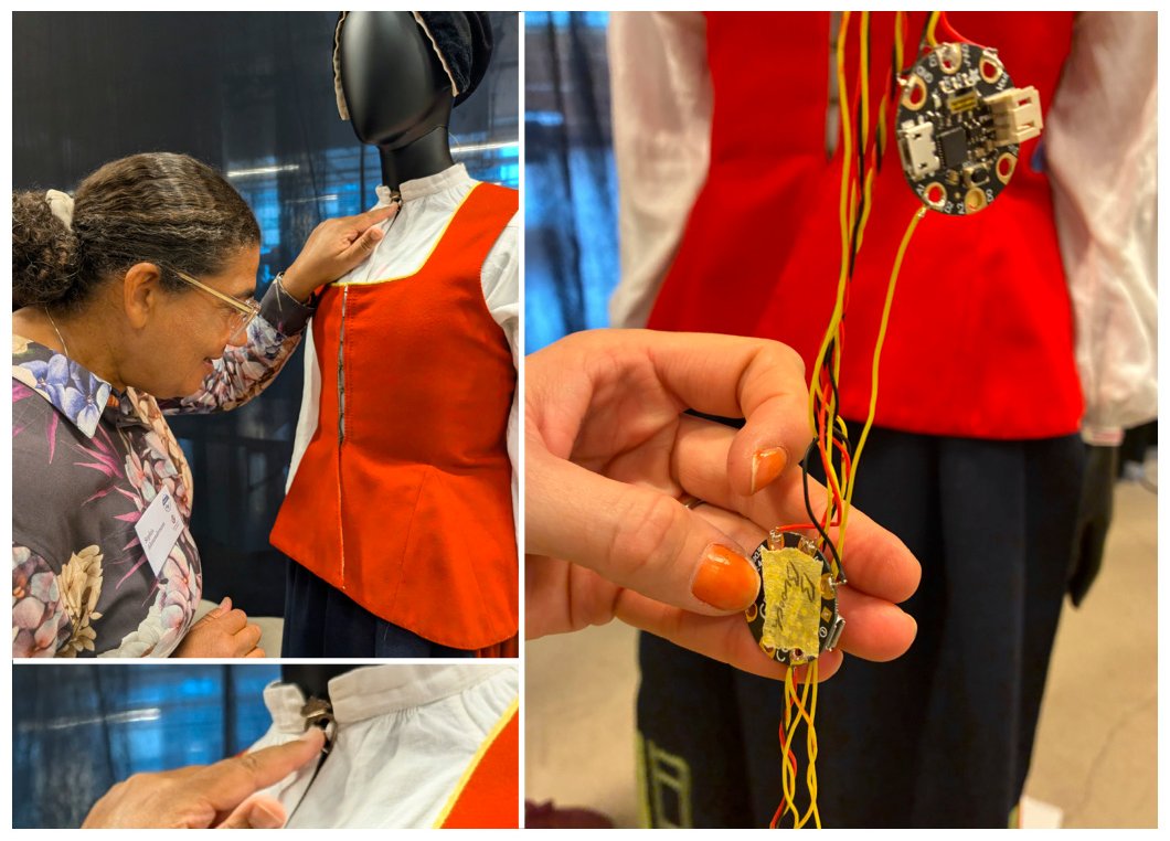 Montázs három fotóból a szerző Hidden Threads e-textil projektjéből: piros mellény igazítása próbababán, valamint viselhető elektronikai alkotóelemek (vezetékek, LilyPad-panel) a ruhára szerelve.